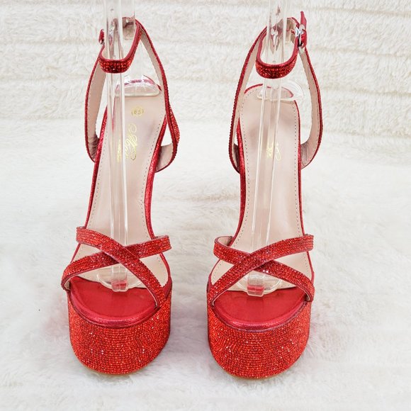 Bejeweled Pandora Bright Red Sparkling Rhinestone Platform 6.5" Heels Shoes - Picture 14 of 17